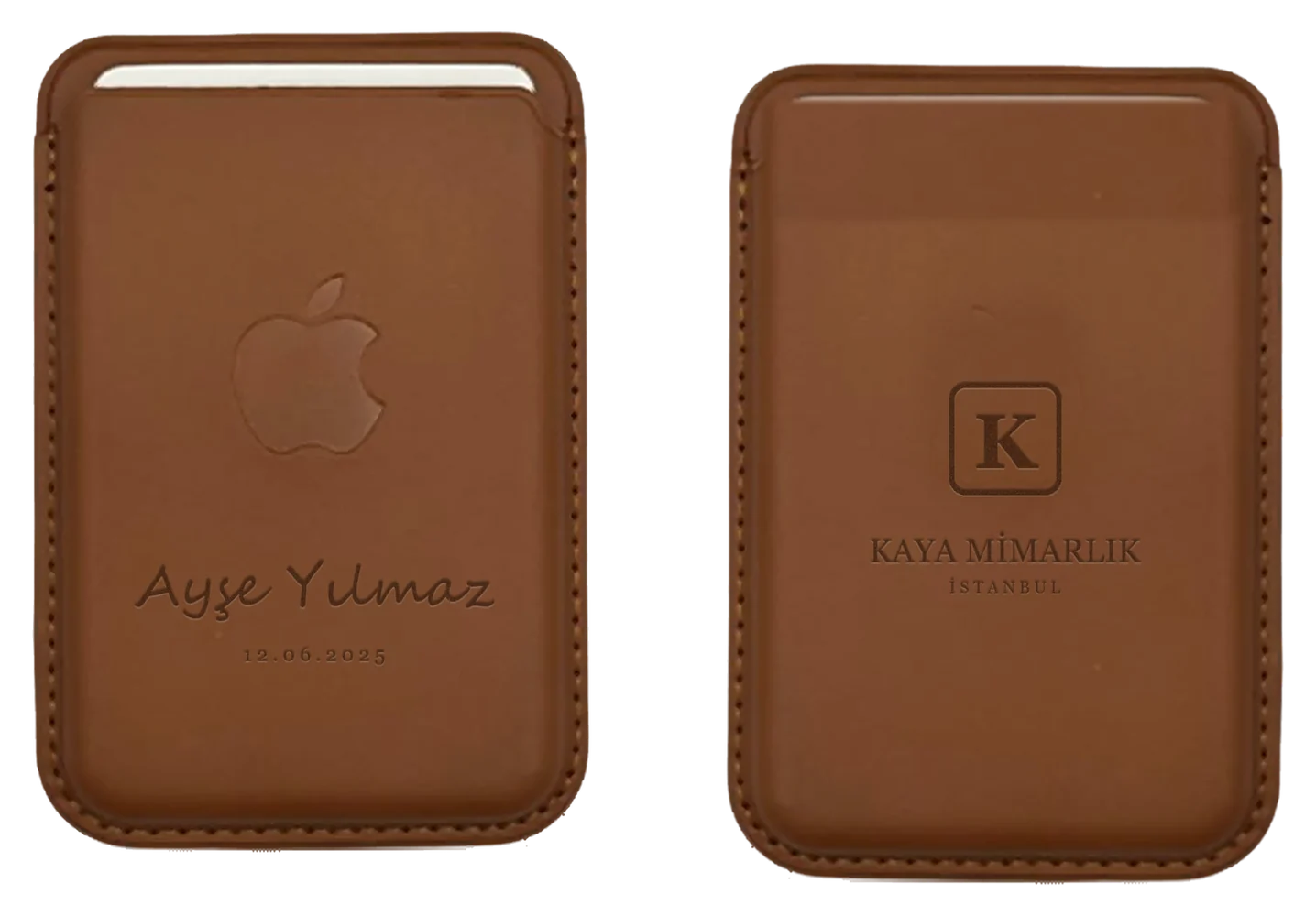 Lazer baskılı, kişiye özel isimli deri MagSafe kartlık: ön yüzde isim, arka yüzde firma logosu